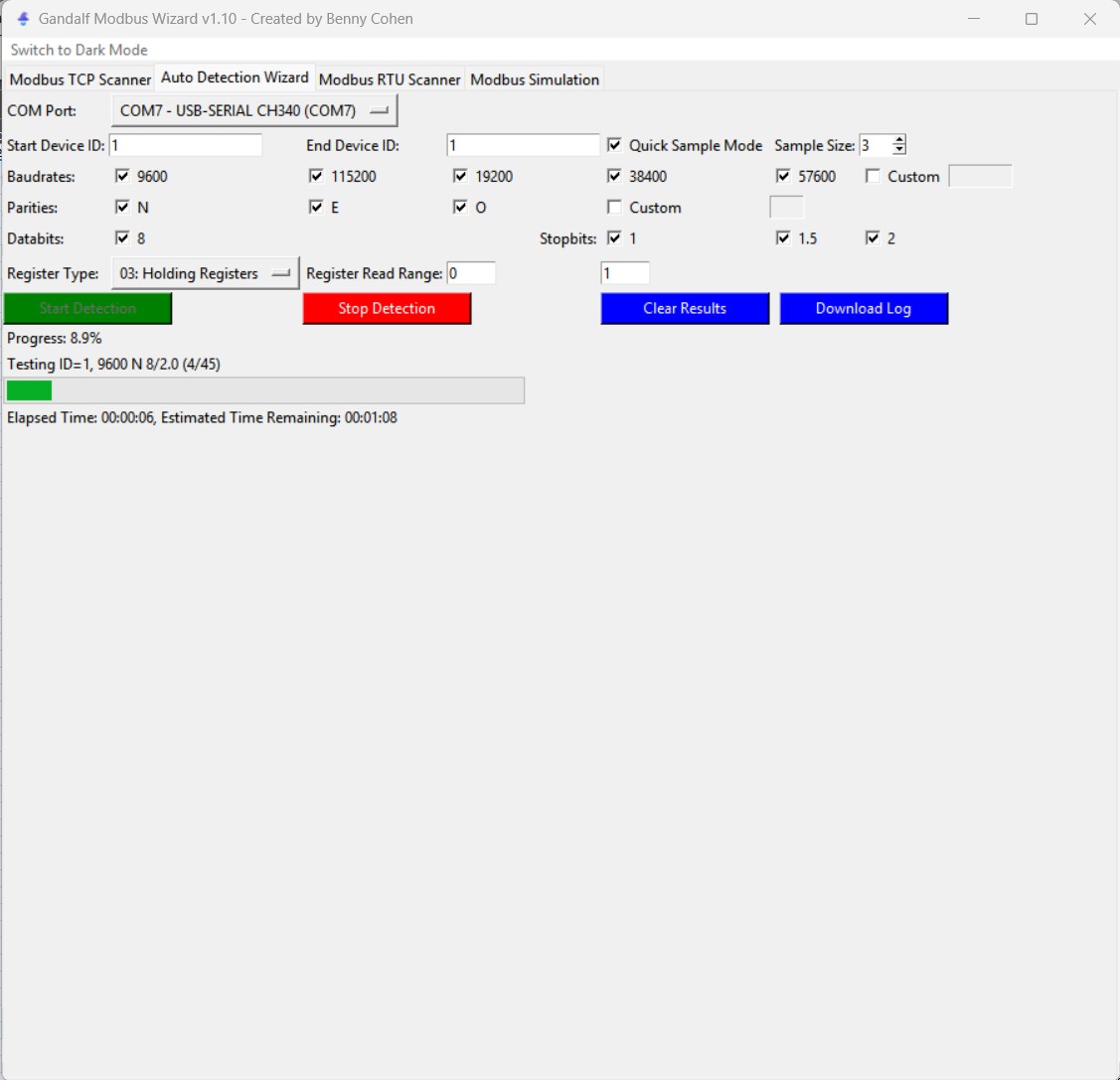 Gandalf Modbus Wizard serial setting auto-detection screen