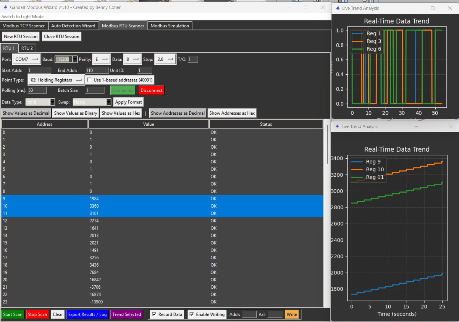 Gandalf Modbus Wizard live trend graph plotting register values