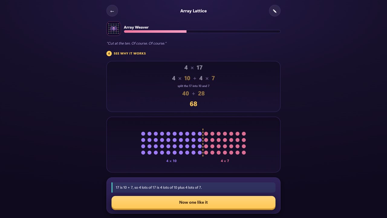 AddVenture showing an array multiplication strategy with a worked visual example